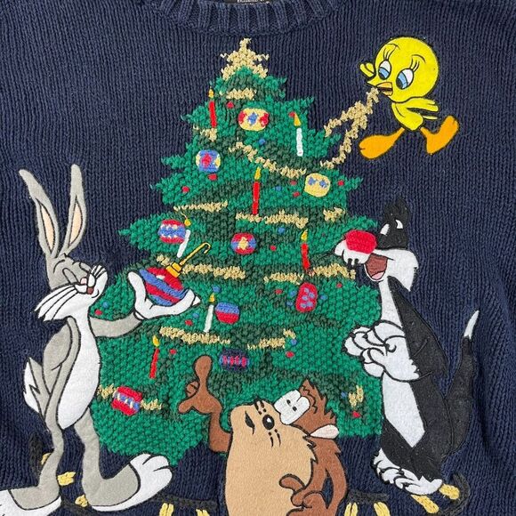 Vtg Warner Bros Eagles Eye Chunky Knitted Looney Tunes Christmas Sweater Sz M* - Picture 2 of 14